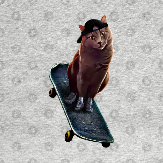 Skater Cat  Drawing: Gray Swag Cat with Skateboard, Sneakers and a Cap. by Cartoon Cosmos